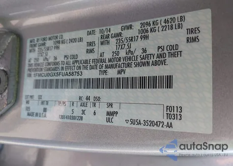 2015 Ford Escape Se from USA, damaged, VIN 1FMCU0GX5FUA58753